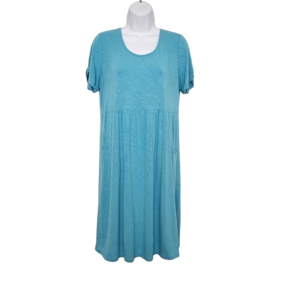 J Jill Scoop Neck Cuffed Jersey Knit Pullover Babydoll Dress Island Blue Pockets - Picture 1 of 8